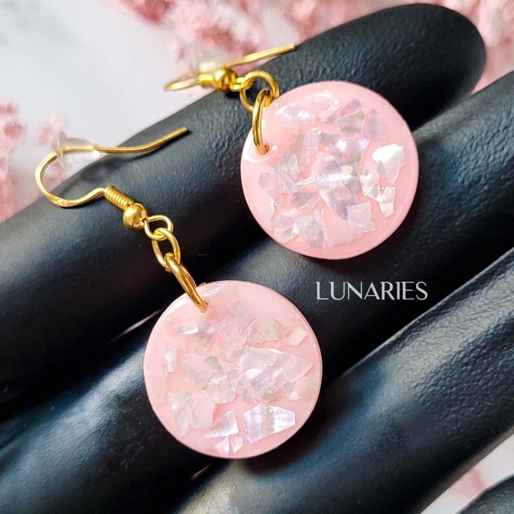 Blush Pink Round Resin Earrings with Abalone Shell, Hypoallergenic, Handmade